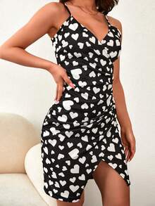 EURMUSE 愛心圖案圍裹下擺吊帶連衣裙 - 黑色 - 查看 4