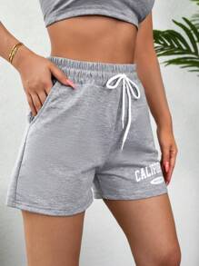 RueChic Letter Graphic Drawstring Waist Track Shorts - Màu Xám nhạt - Xem 1