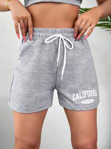 RueChic Letter Graphic Drawstring Waist Track Shorts - Màu Xám nhạt - Xem 3