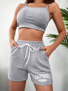 RueChic Letter Graphic Drawstring Waist Track Shorts - Màu Xám nhạt - Xem 4