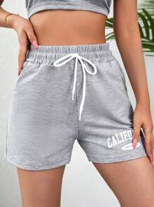 RueChic Letter Graphic Drawstring Waist Track Shorts - Màu Xám nhạt - Xem 5