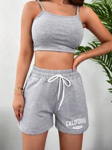 RueChic Letter Graphic Drawstring Waist Track Shorts - Màu Xám nhạt - Xem 6