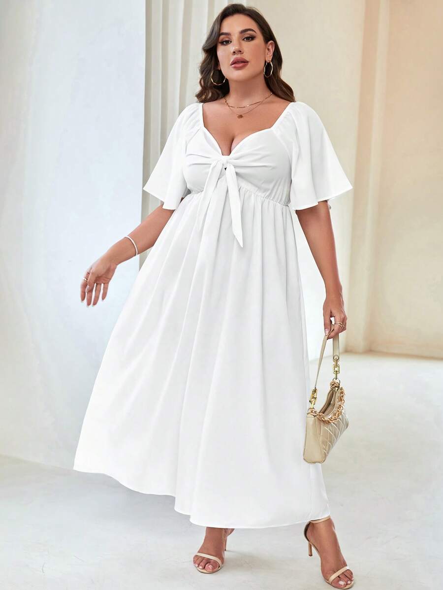 SHEIN Franclia Plus Sweetheart Neck Knot Front Butterfly Sleeve Dress - White - View 1