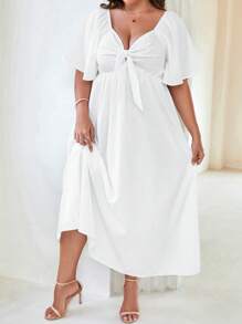 SHEIN Franclia Plus Sweetheart Neck Knot Front Butterfly Sleeve Dress - White - View 3