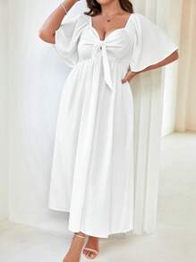 SHEIN Franclia Plus Sweetheart Neck Knot Front Butterfly Sleeve Dress - White - View 5