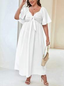SHEIN Franclia Plus Sweetheart Neck Knot Front Butterfly Sleeve Dress - White - View 6