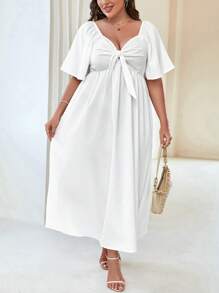 SHEIN Franclia Plus Sweetheart Neck Knot Front Butterfly Sleeve Dress - White - View 7
