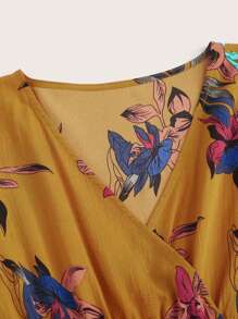SHEIN Holidaya Plus Wrap Front Floral Print Dress - Mustard Yellow - View 3