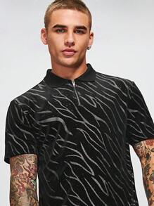 Manfinity Homme Áo thun có cổ Nam Dây kéo Sọc ngựa vằn Giải trí - màu đen - Xem 4