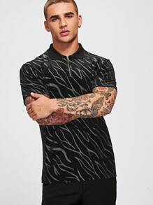 Manfinity Homme Áo thun có cổ Nam Dây kéo Sọc ngựa vằn Giải trí - màu đen - Xem 3