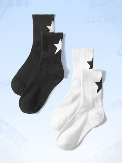 ROMWE Anime 2pairs Men Star Print Crew Socks