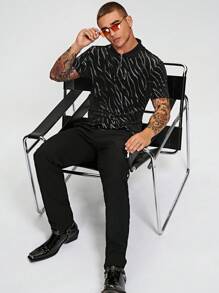 Manfinity Homme Áo thun có cổ Nam Dây kéo Sọc ngựa vằn Giải trí - màu đen - Xem 5