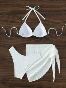 SHEIN Swim Summer Beach Plain Halter Triangle Bikini Set With Beach Skirt