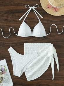 SHEIN Swim Summer Beach Plain Halter Triangle Bikini Set With Beach Skirt