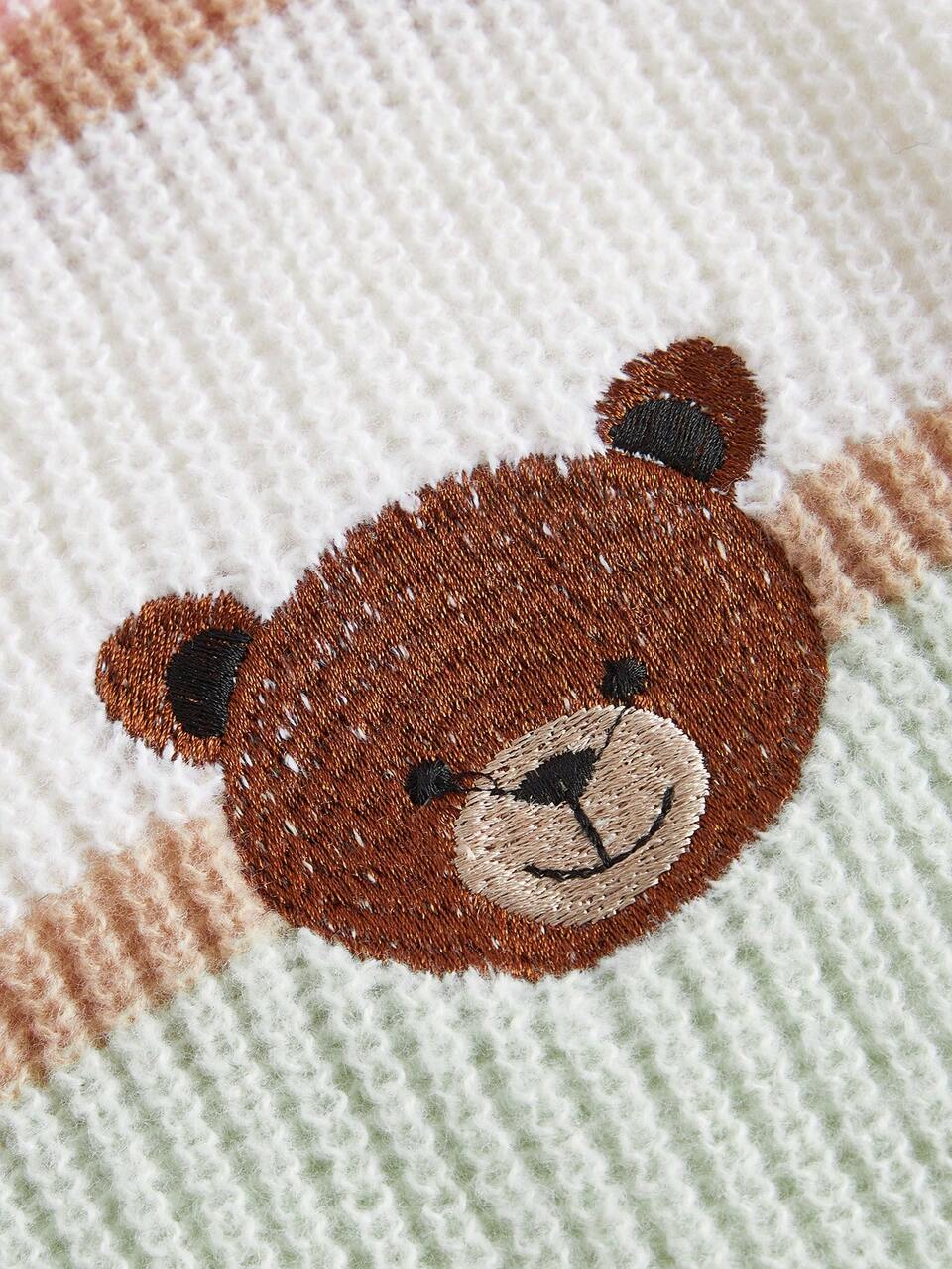 Bear Embroidery Striped Pattern Colorblock Raglan Sleeve Mock Neck Sweater