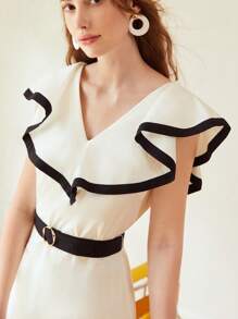 MOTF PREMIUM BELTED CONTRAST RUFFLE DRESS - Beige - View 3