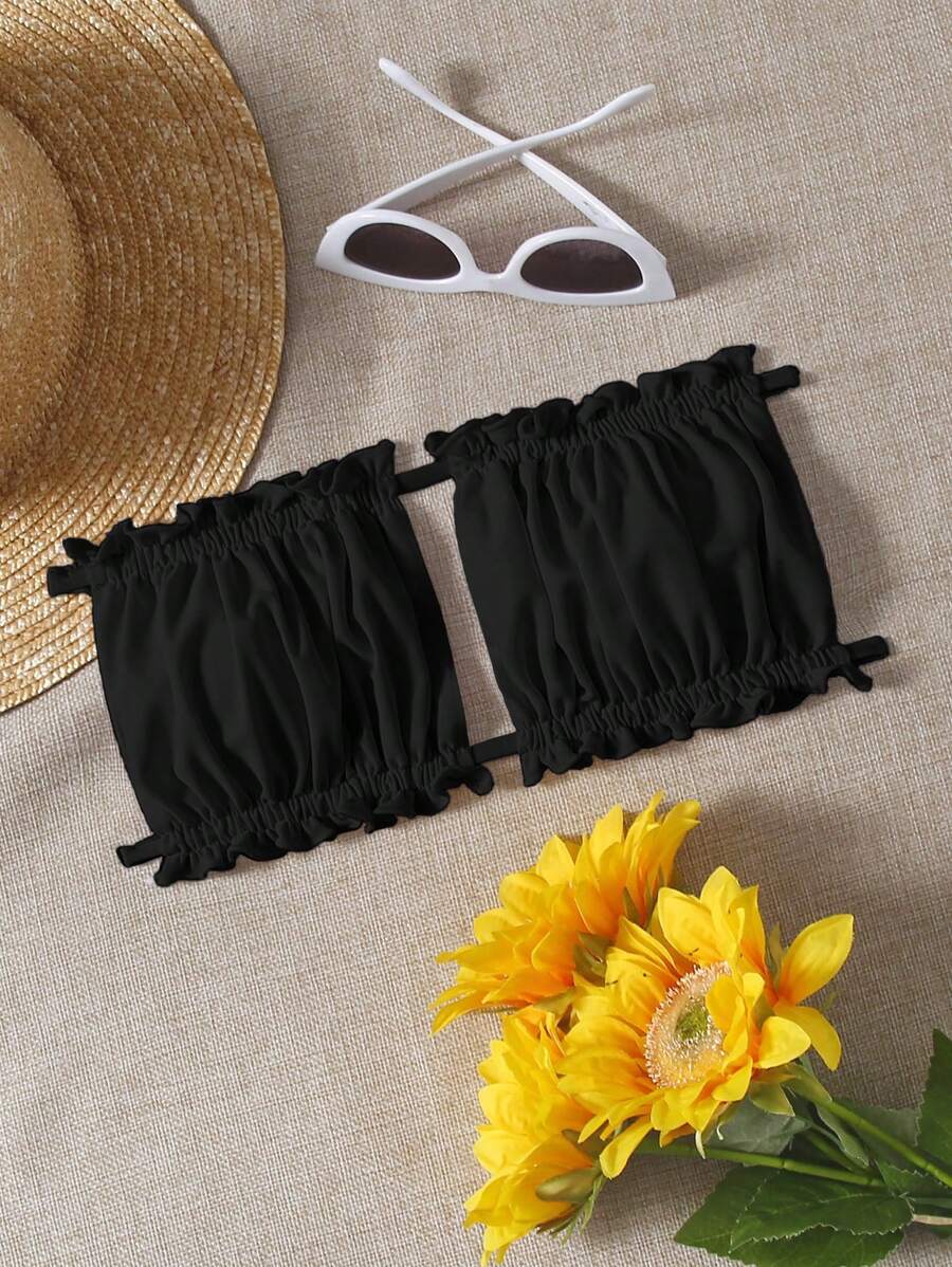 Swim Vcay Summer Beach Frill Trim Ruched Bust Bandeau Bikini Top