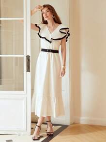 MOTF PREMIUM BELTED CONTRAST RUFFLE DRESS - Beige - View 4