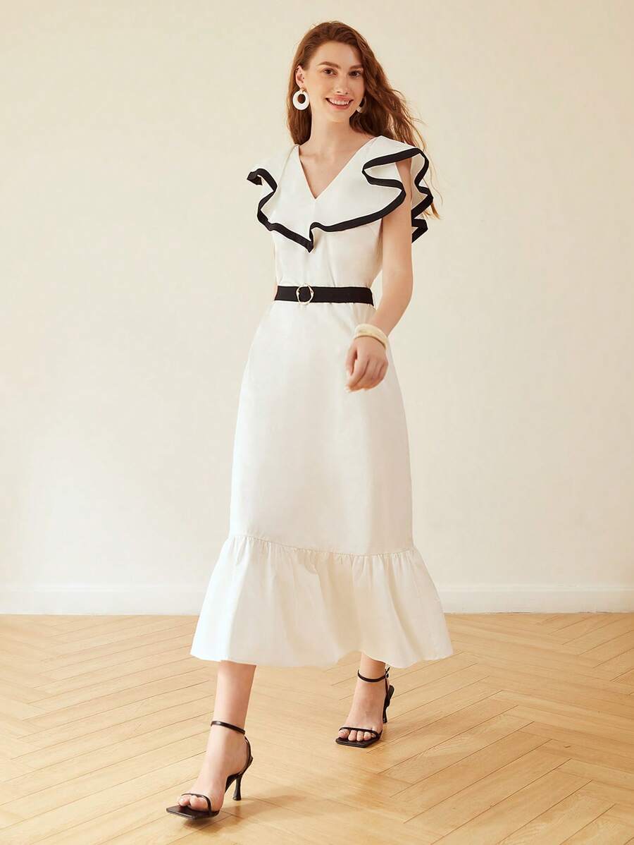 MOTF PREMIUM BELTED CONTRAST RUFFLE DRESS