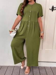SHEIN LUNE Jumpsuits Plus Size Nút phía trước màu trơn Giải trí - xanh quân đội - Xem 1