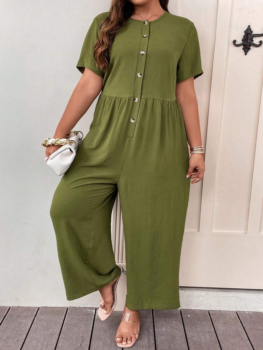 SHEIN LUNE Jumpsuits Plus Size Nút phía trước màu trơn Giải trí - xanh quân đội - Xem 1