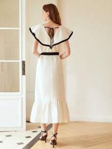 MOTF PREMIUM BELTED CONTRAST RUFFLE DRESS - Beige - View 7