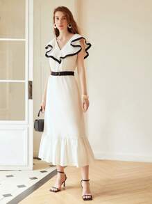 MOTF PREMIUM BELTED CONTRAST RUFFLE DRESS - Beige - View 8