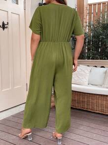 SHEIN LUNE Jumpsuits Plus Size Nút phía trước màu trơn Giải trí - xanh quân đội - Xem 2