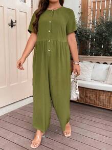 SHEIN LUNE Jumpsuits Plus Size Nút phía trước màu trơn Giải trí - xanh quân đội - Xem 3
