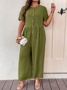 SHEIN LUNE Jumpsuits Plus Size Nút phía trước màu trơn Giải trí - xanh quân đội - Xem 4