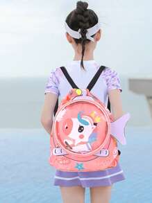 女孩卡通獨角獸圖案後背包 - 玫紅色 - 查看 2