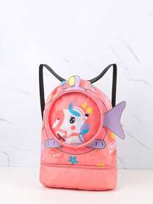 女孩卡通獨角獸圖案後背包 - 玫紅色 - 查看 4