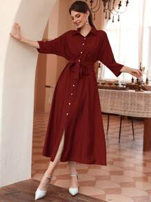 Mulvari Burgundy Red Solid Button Front Belted Shirt Dress - Burgundy - View 1