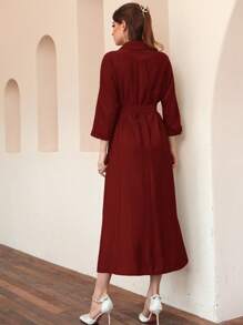 Mulvari Burgundy Red Solid Button Front Belted Shirt Dress - Burgundy - View 2