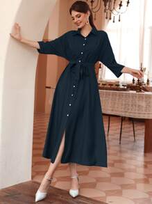 Mulvari Solid Button Front Belted Shirt Dress - Navy Blue - View 1