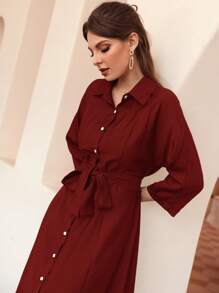 Mulvari Burgundy Red Solid Button Front Belted Shirt Dress - Burgundy - View 5