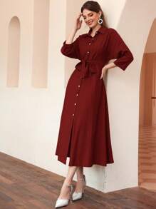 Mulvari Burgundy Red Solid Button Front Belted Shirt Dress - Burgundy - View 6
