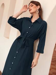 Mulvari Solid Button Front Belted Shirt Dress - Navy Blue - View 3