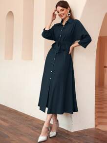 Mulvari Solid Button Front Belted Shirt Dress - Navy Blue - View 4