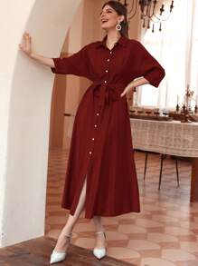 Mulvari Burgundy Red Solid Button Front Belted Shirt Dress - Burgundy - View 7