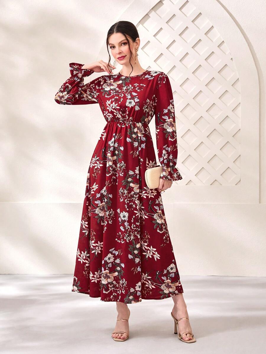 Seusyu Burgundy Red Floral Print Flare Sleeve Dress Maxi Women Outfit Fall Cloth For Women - Burgundy - View 1