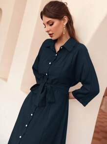 Mulvari Solid Button Front Belted Shirt Dress - Navy Blue - View 7