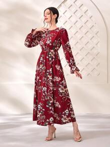 Seusyu Burgundy Red Floral Print Flare Sleeve Dress Maxi Women Outfit Fall Cloth For Women - Burgundy - View 4