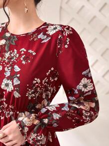 Seusyu Burgundy Red Floral Print Flare Sleeve Dress Maxi Women Outfit Fall Cloth For Women - Burgundy - View 6