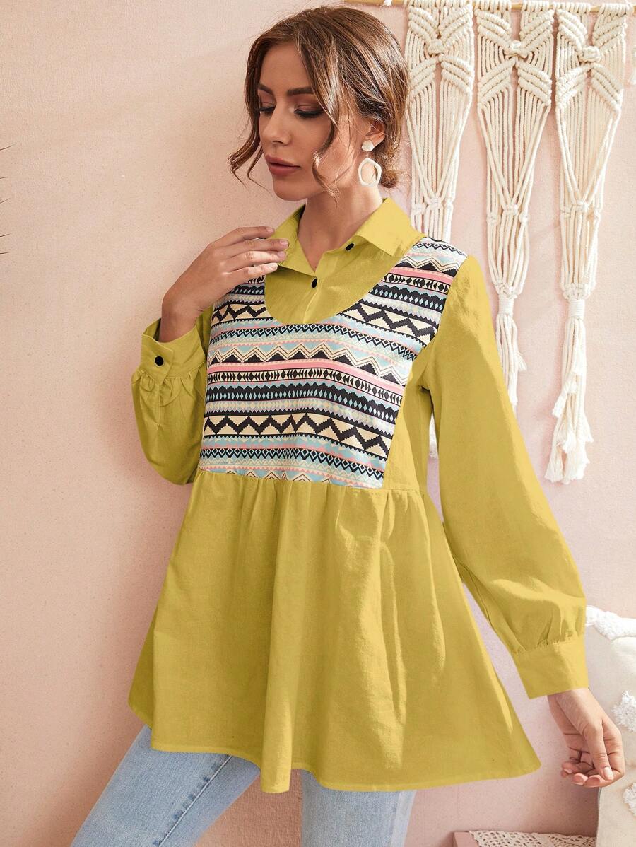 Mulvari 幾何印花荷葉邊襯衫 - 芥末黃 - 查看 1