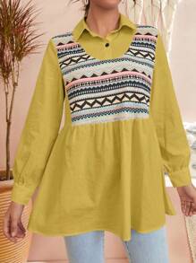 Mulvari 幾何印花荷葉邊襯衫 - 芥末黃 - 查看 4