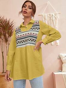 Mulvari 幾何印花荷葉邊襯衫 - 芥末黃 - 查看 5