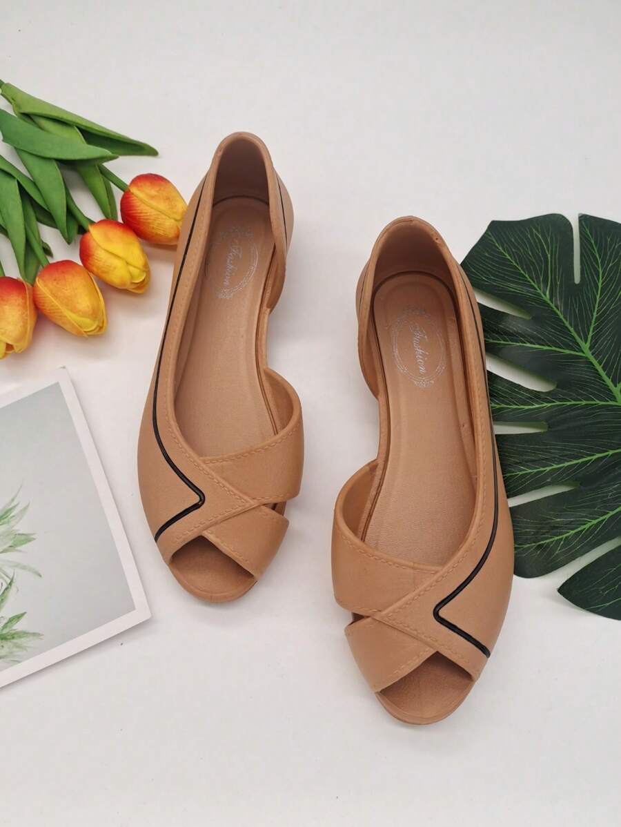 Women Slip On Flats, Elegant Summer PVC Open Toe Flats - Brown - View 1