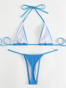 Swim SXY Summer Beach Halter Ring Detail Thong Bikini Set - Blue - View 2