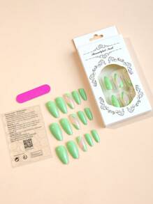 Instantly Upgrade Your Look with 24pcs Long Almond Green Solid Color Block Striped Fake Nail & 1sheet Tape & 1pc Nail File - Multicolor - View 2